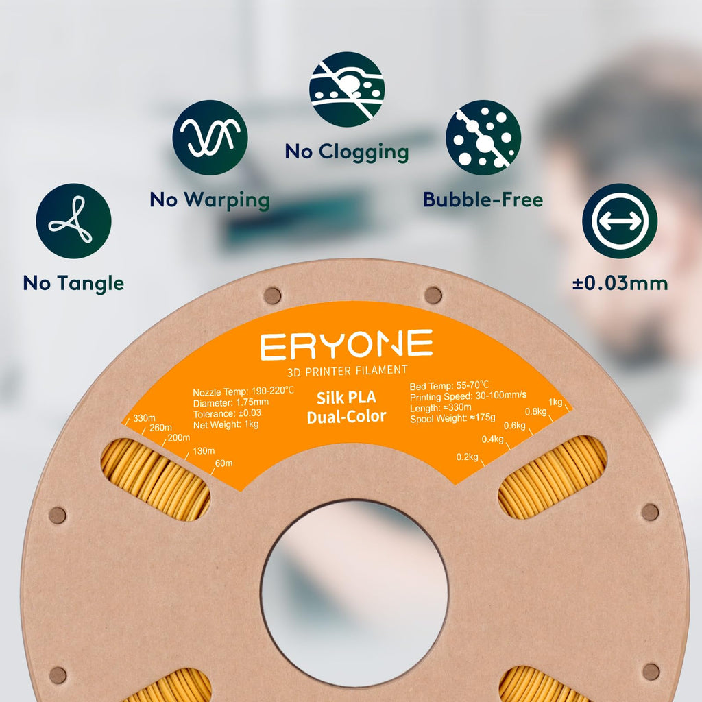 ERYONE Silk Dual Color PLA Filament 3D Printer 1.75mm +/- 0.03mm, Bicolor Filament Two Tone PLA Bundle 2KG Cardboard Spool, Black Gold