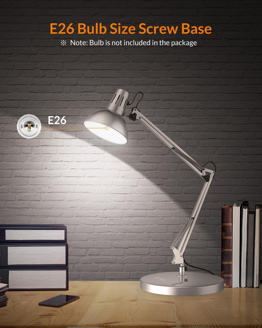 LEPOWER Metal Desk Lamp, Adjustable Goose Neck Architect Table Lamp with On/Off Switch, Swing Arm Desk Lamp with Clamp, Eye-Caring Reading Lamp for Bedroom, Study Room &Office (Sandy Black)