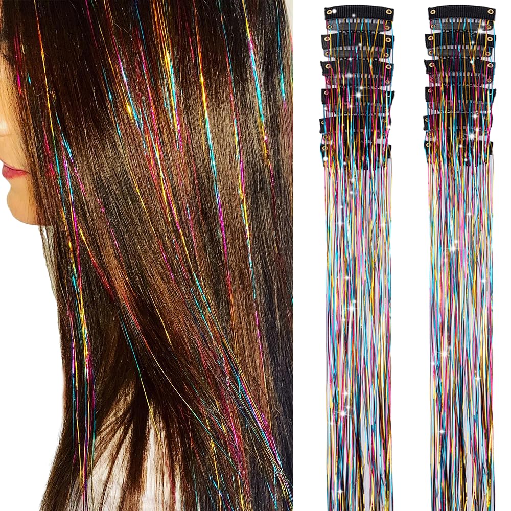 Clip in Hair Tinsel, Pack of 12 Pcs 20 Inch,Glitter Tinsel Hair Extensions, Festival Tinsel Fairy Hair Extension Party Dazzle Hair Accessories Strands Kit for Women Girls(12Pcs,Black#)