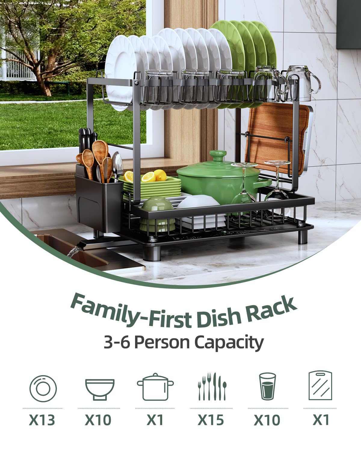 Dish Drying Rack, 2 Tier Space-Saving Dish Rack, Multifunctional Dish Drainer for Kitchen Counter with Drainboard/Utensil/Cup Holder Rustproof Carbon Steel, Black