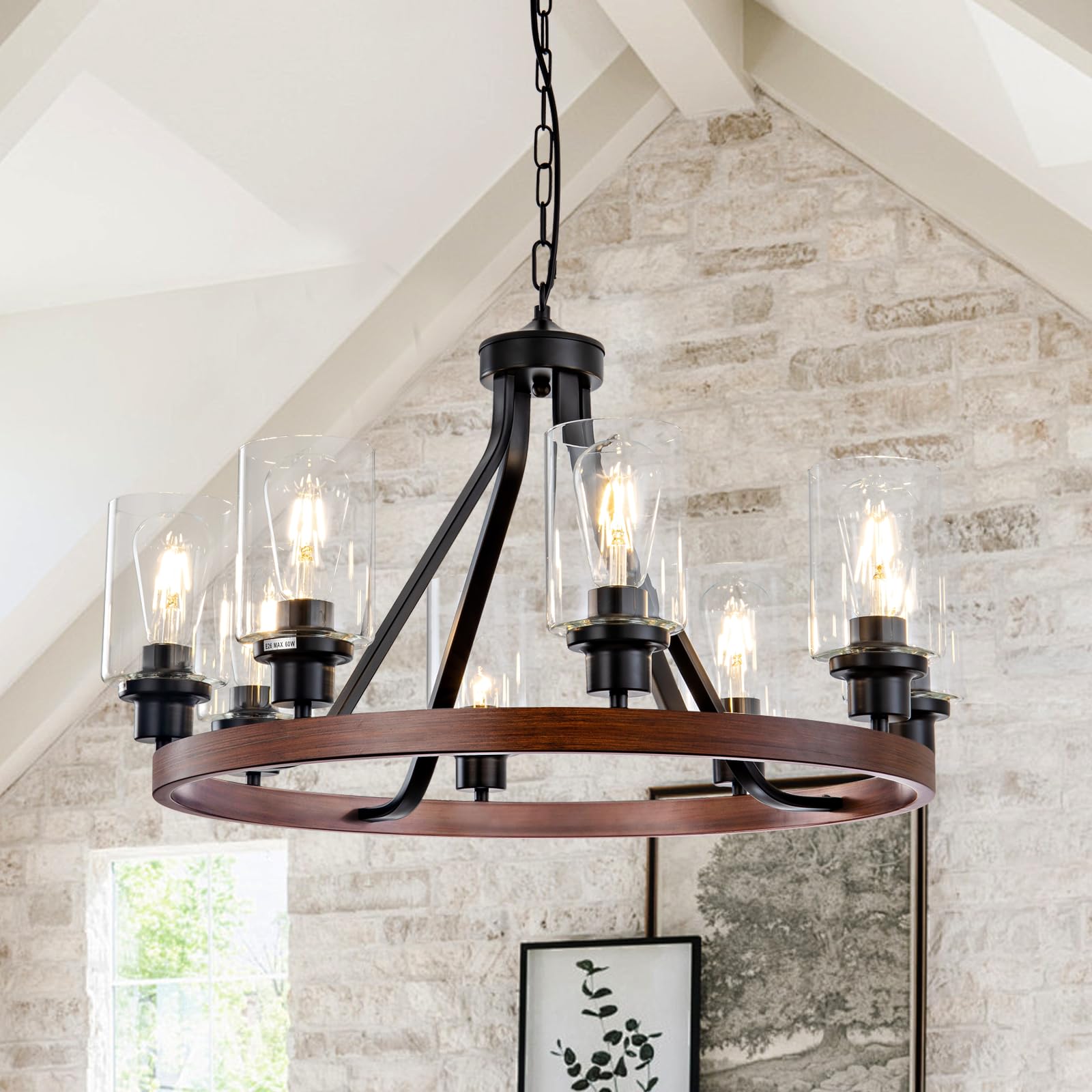 Lanhall 6-Light Modern Dining Room Light Fixture Brushed Nickel Kitchen Chandelier Ceiling Hanging Pendant Lighting with Glass Shade for Living Room Bedroom Entryway Adjustable Height Metal E26