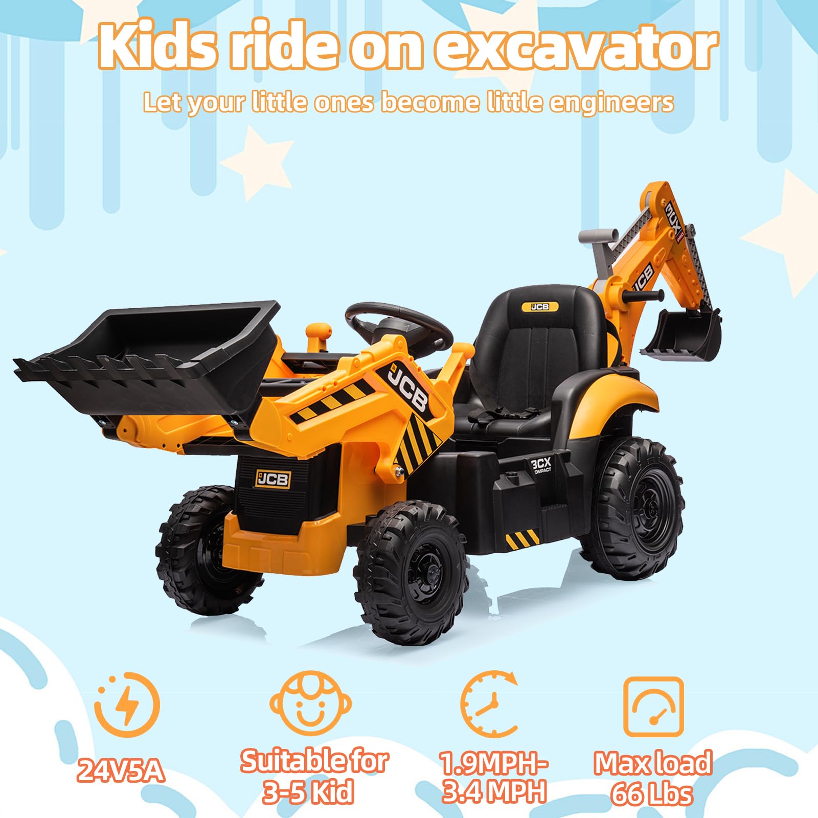 24V JCB Ride On Excavator for Kids, 3-in-1 Ride On Backhoe Digger with Front Loader & Rear Arm, Remote Control, Slow Start/Stop, Adjustable Speeds, Electric Construction Vehicle Toy for Ages 3–8