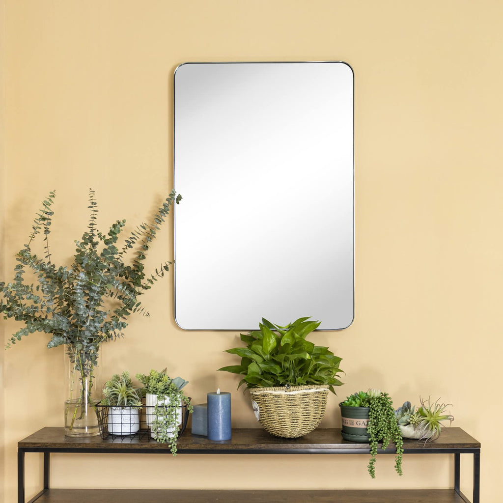 GRACTO 20x30 inch Brushed Nickel Stainless Steel Metal Framed Bathroom Mirror for Wall Mounted Rounded Rectangular Bathroom Vanity Mirror