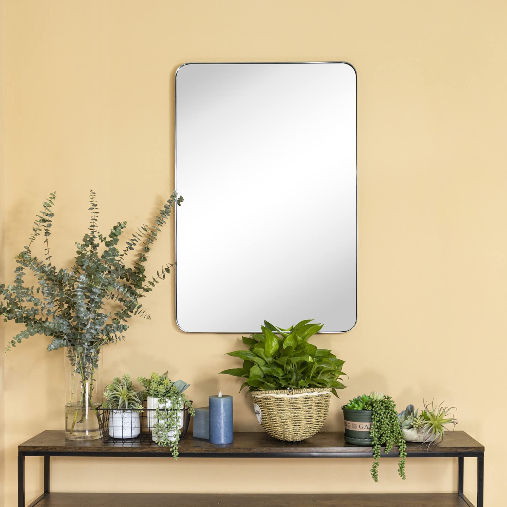 GRACTO 20x30 inch Brushed Nickel Stainless Steel Metal Framed Bathroom Mirror for Wall Mounted Rounded Rectangular Bathroom Vanity Mirror
