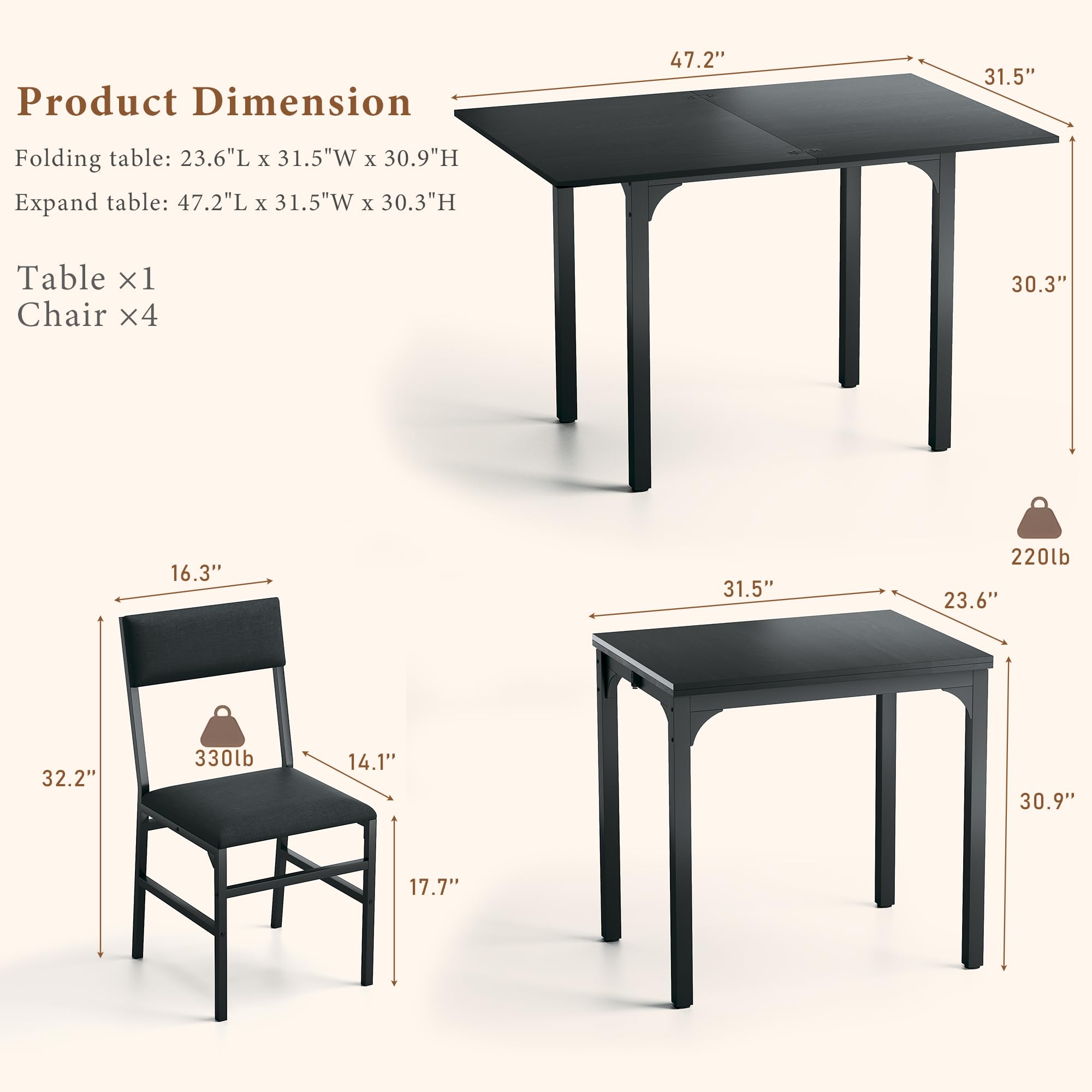 HUAHUU Dining Table Set for 4, Extendable Kitchen Table Cushion Chairs Set of 4, Rectangle Dining Table with Metal Frame & MDF Board, Folding for Small Apartment Saving Space, Black