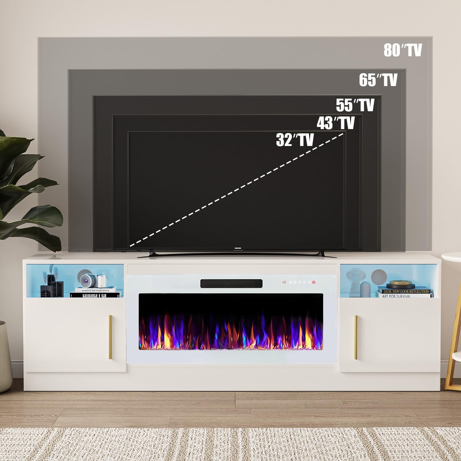 VITESSE 58 Inches Fireplace TV Stand for TVs up to 65 Inches Console with 18'' Electric Fireplace & Remote,Wooden Modern Entertainment Center for Living Room with LED Light Glass Shelves（Bei）