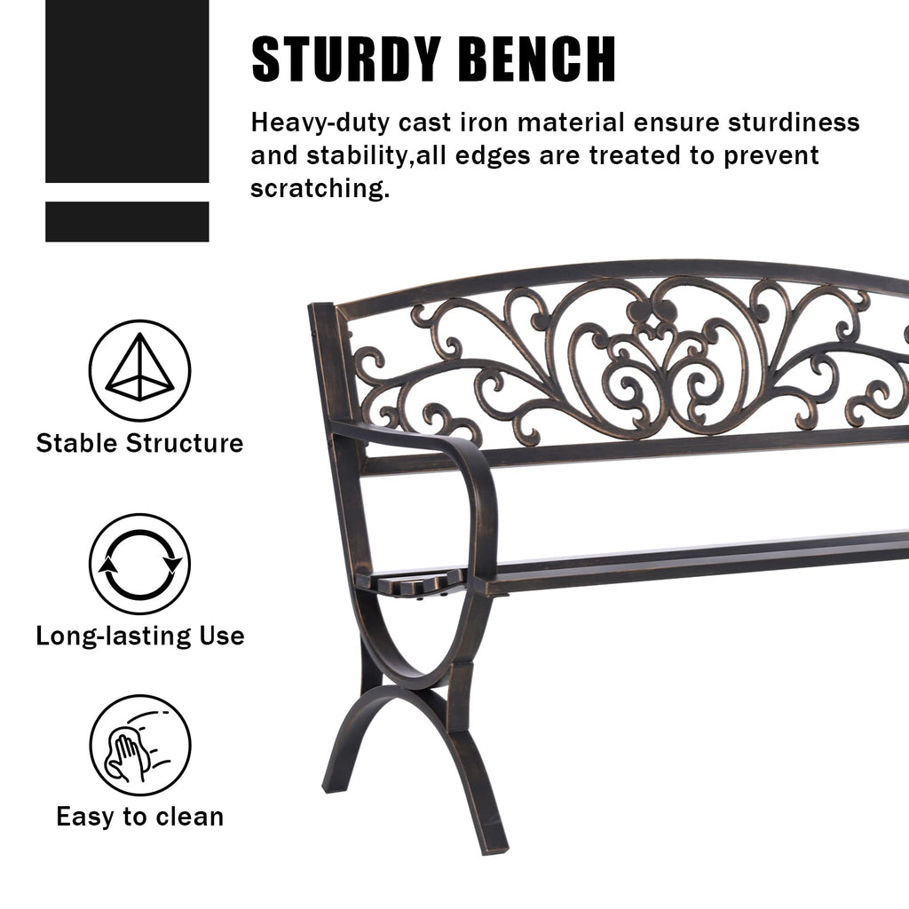 MFSTUDIO 50 Inches Outdoor Garden Bench, Cast Iron Metal Frame Patio Park Bench with Floral Pattern Backrest, Arch Legs for Porch Lawn Garden Yard(Black)
