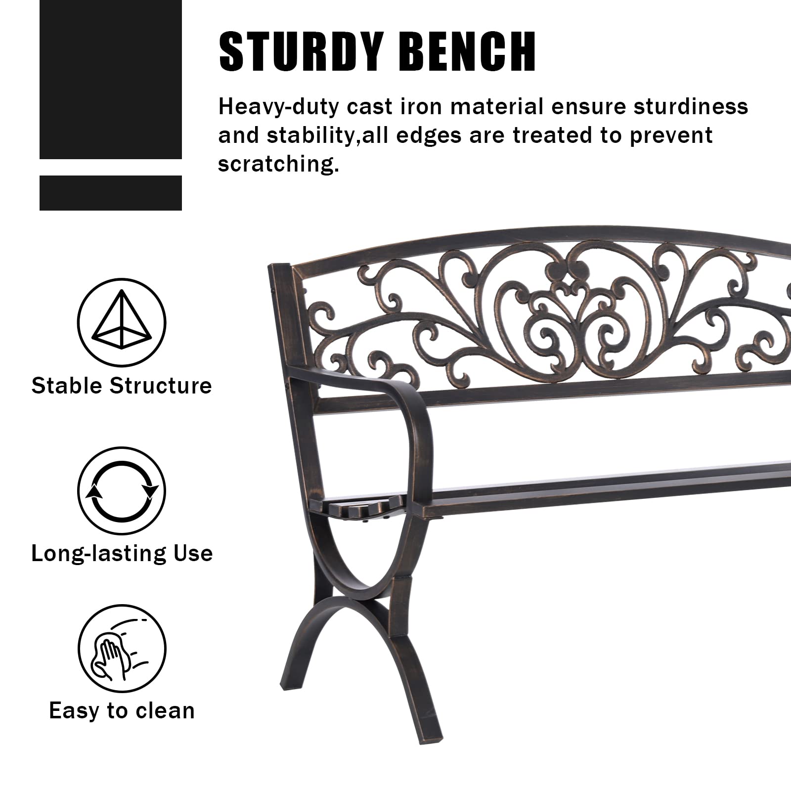MFSTUDIO 50 Inches Outdoor Garden Bench, Cast Iron Metal Frame Patio Park Bench with Floral Pattern Backrest, Arch Legs for Porch Lawn Garden Yard(Black)