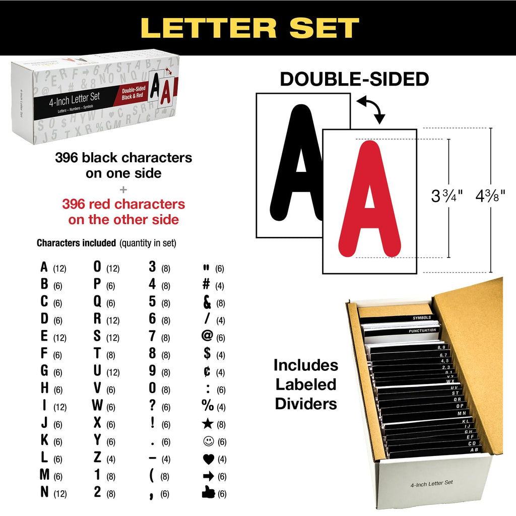 Swinging Changeable Message Sidewalk Sign: 24" x 36" Sign with 792 Pre-Cut Double Sided Letters and Storage Box. Includes Black Board & Letter Board (Black Color Legs)