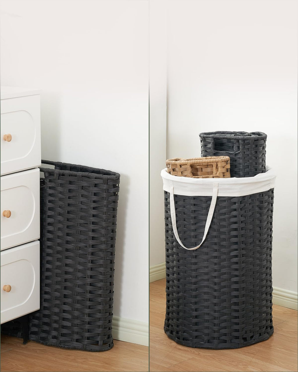 SETVSON Laundry Hamper with Lid Laundry Basket with Lid 19.0 Gal (72 L) Round Wicker Laundry Basket Handwoven Rattan Basket with Lid Removable Bag 2 Mesh Bags Handles for Living Room Bathroom Black