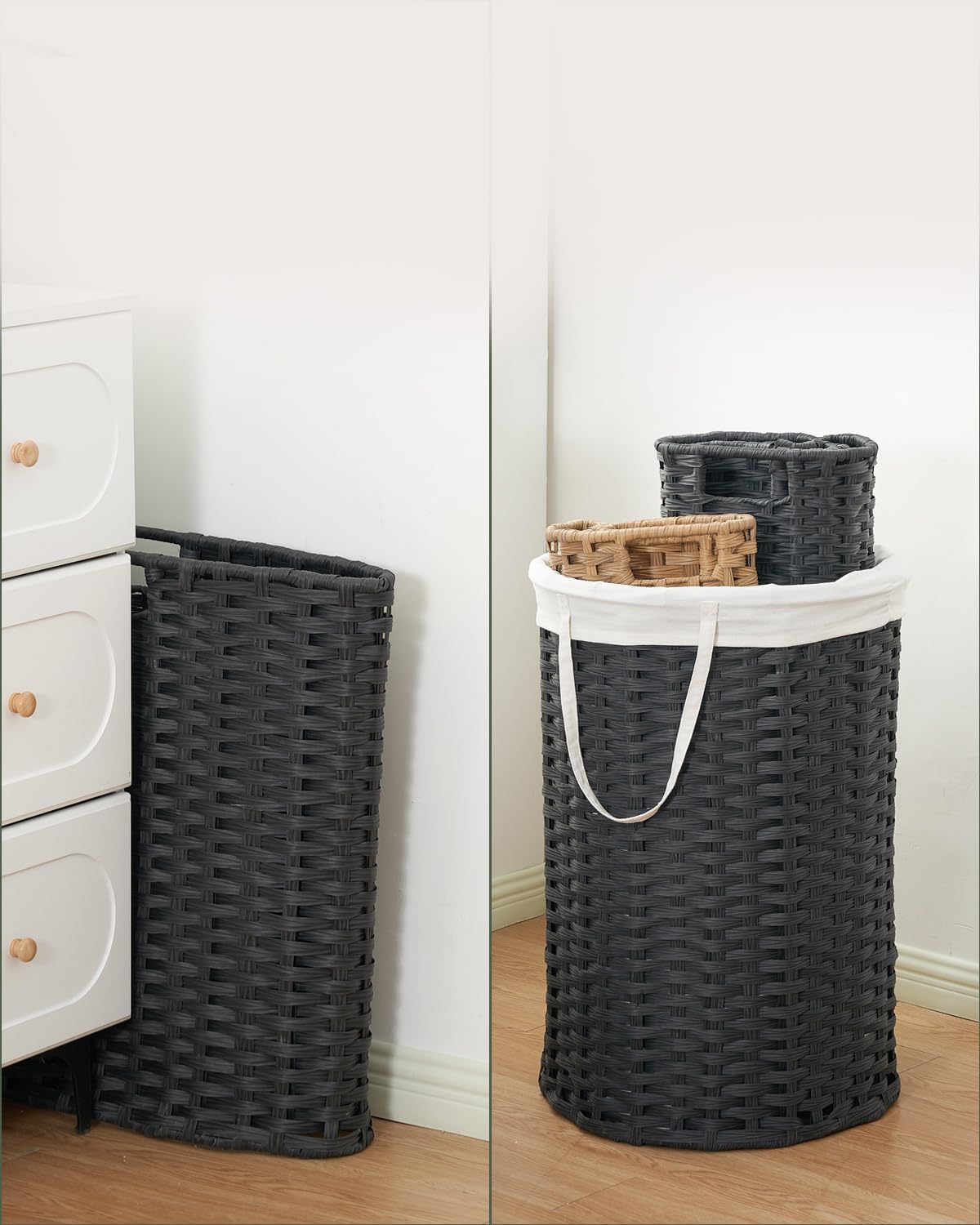 SETVSON Laundry Hamper with Lid Laundry Basket with Lid 19.0 Gal (72 L) Round Wicker Laundry Basket Handwoven Rattan Basket with Lid Removable Bag 2 Mesh Bags Handles for Living Room Bathroom Black