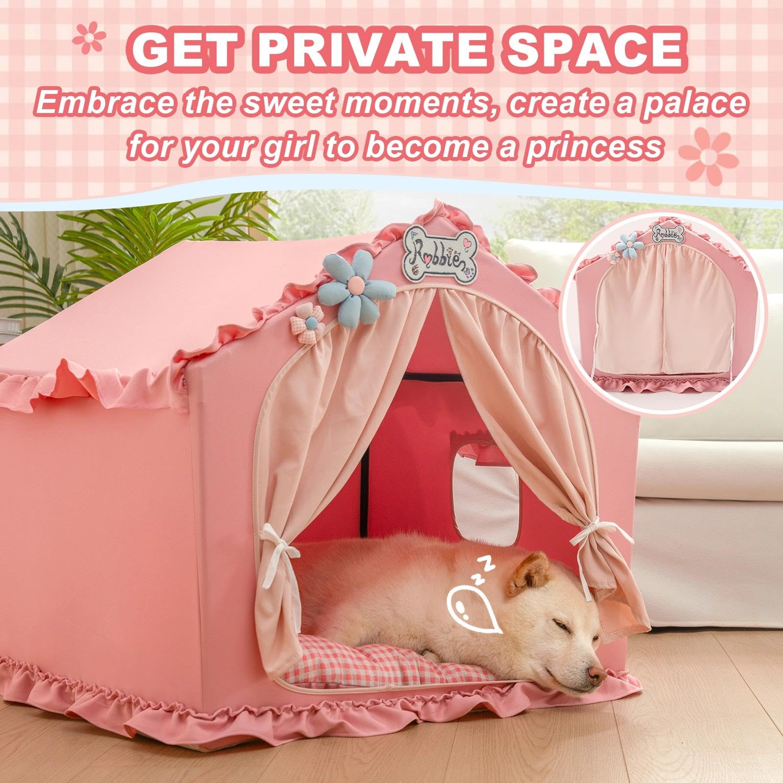 Jiupety Indoor Dog House with Frame, Cute Dog Tent Bed with Cover Cave, Breathable, Washable, and Foldable House, Suitable for 10-20 Lb Puppy and Cats, Medium (17"×17"×17"), Beige