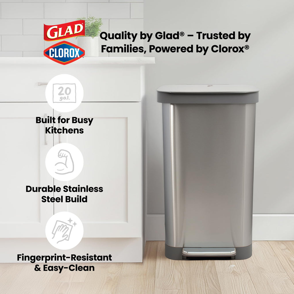 Glad 13 Gallon All Brushed Stainless Steel Trash Can with Clorox Odor Protection | Large Metal Kitchen Garbage Bin with Soft Close Lid, Garbage Bag Rings, Step On Foot Pedal and Waste Bag Roll Holder