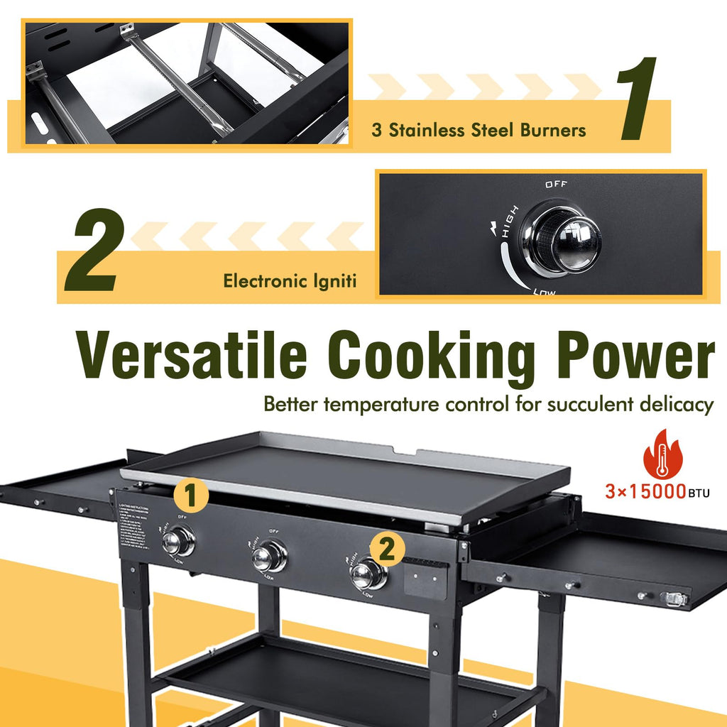 BESTFIRE Foldable Flat Top Grill, Outdoor Griddle-3 Burner Propane Griddle with Two Foldable Shelves,36" Flat Grills Outdoor-45,000 BTU Gas Grill for BBQ& Outdoor Cooking,Black