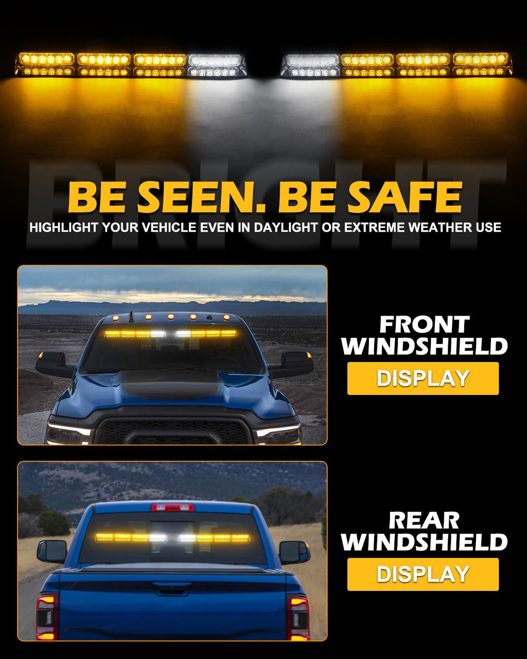 HLauto 604N Emergency Dash Strobe Lights: 2x16.8 inch Amber White Security Light w/Take Down, 48 LED Safety Flashing Warning Hazard Interior Windshield Light Bar for Truck Vehicle