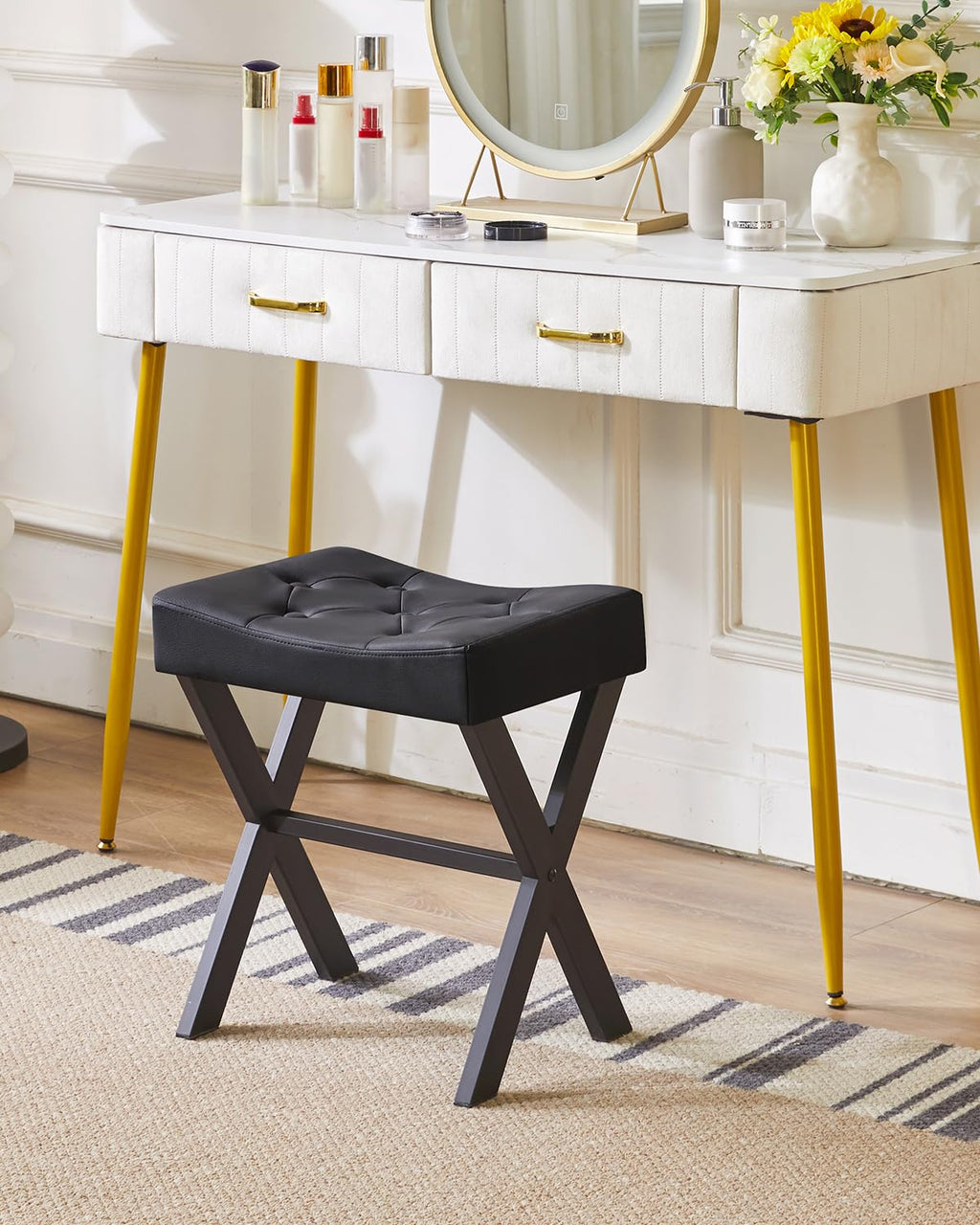 IBUYKE U-Shaped PU Vanity Stool, Square Makeup Chair with X-Leg, Ottoman Seat Footrest Stool, Multi-Use as Small Side Table, for Bedroom, Living Room, Black WBD019B