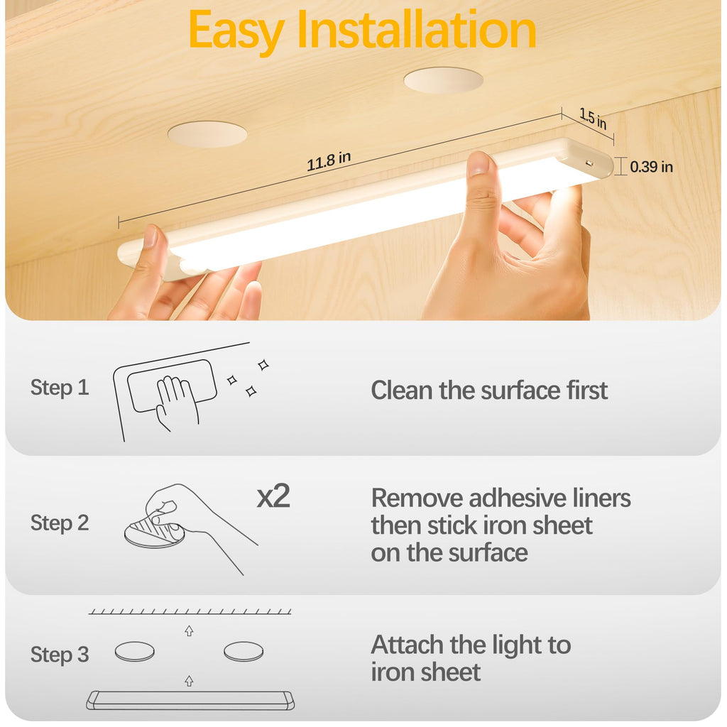 Motion Sensor Under Cabinet Lights, Magnetic Rechargeable Under Counter Closet Light, Wireless Night Light Bar Stick-On, 2-Pack, Warm White