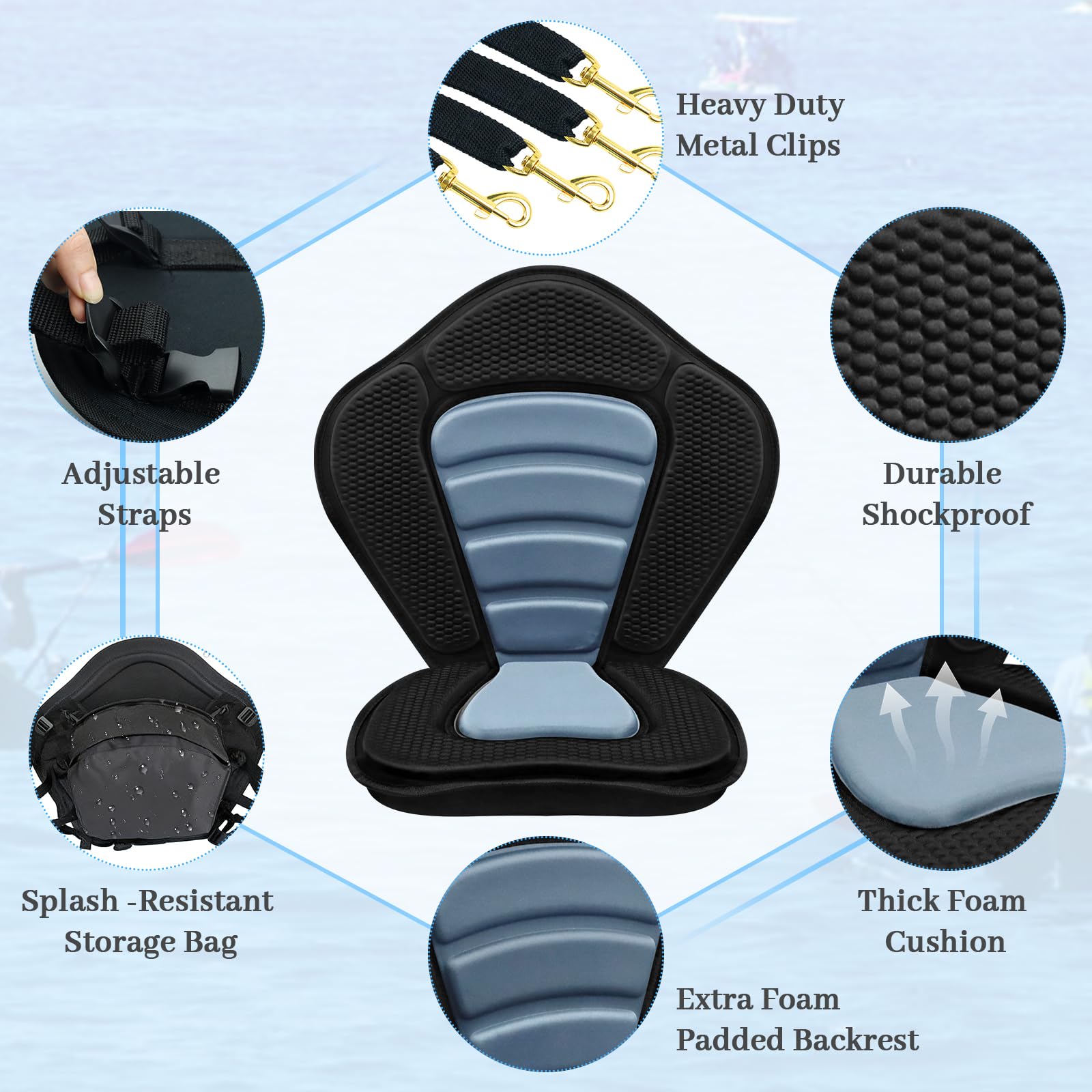 Kayak Seat Deluxe Padded Fishing Boat Seat Deluxe Sit-On-Top Canoe Seat Cushioned - Comfortable Backrest Support Universal Sit with Adjustable Back Strap Detachable Storage Bag