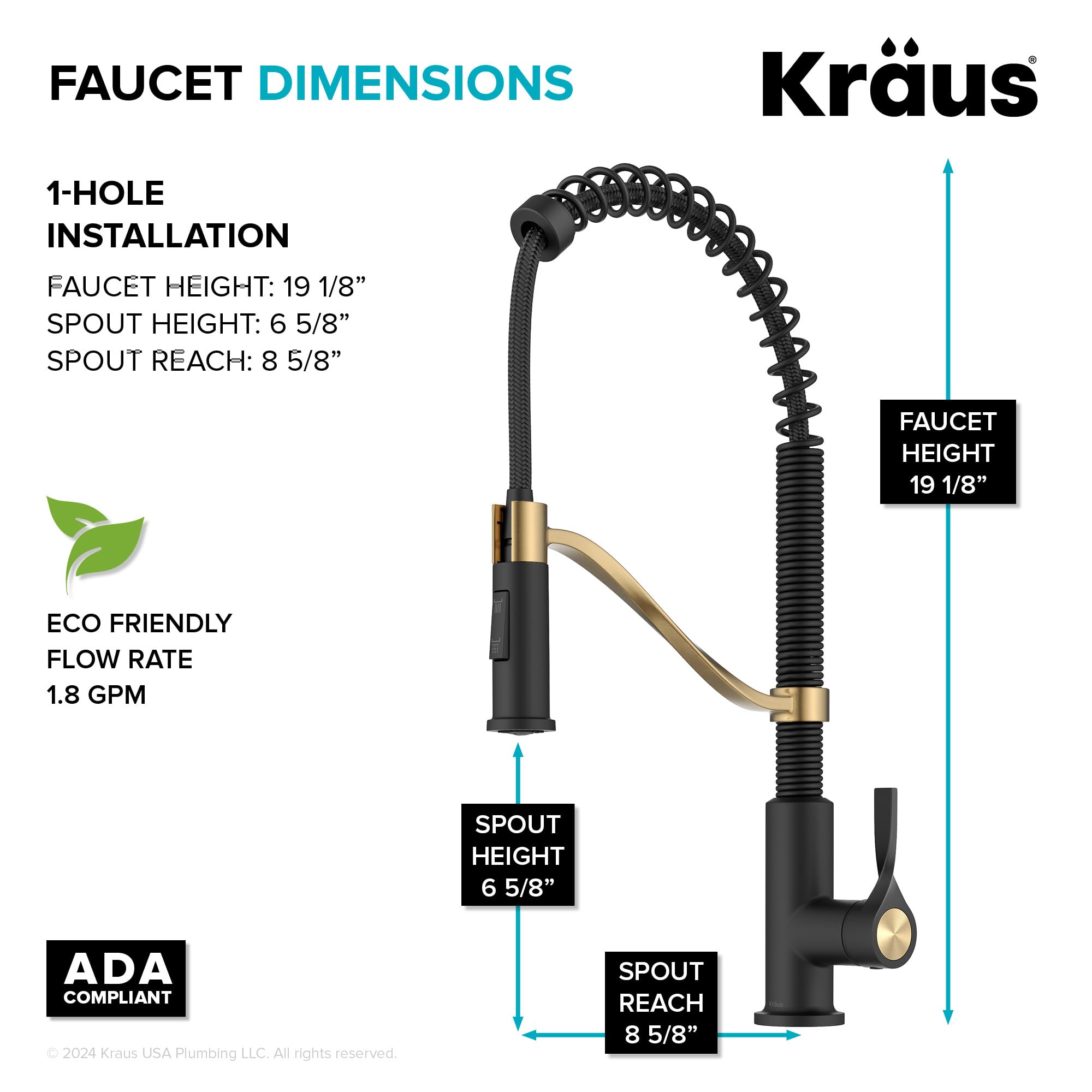 KRAUS Torak Pull Down Kitchen Faucet in Matte Black with Commercial Style Spring Spout, 2 Function Sprayer, Pre-Attached Water Lines, and Mounting Hardware, KPF-2635MB