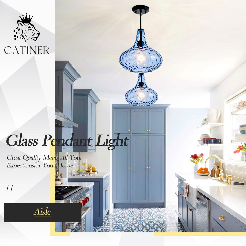 Glass Large Pendant Lights for Kitchen Island Blown Glass Pendant Light Clear Hammered Shade Hanging Ceiling Lights with Black Finish for for Kitchen Island, Sink, Hallway, Living Room 11 inch