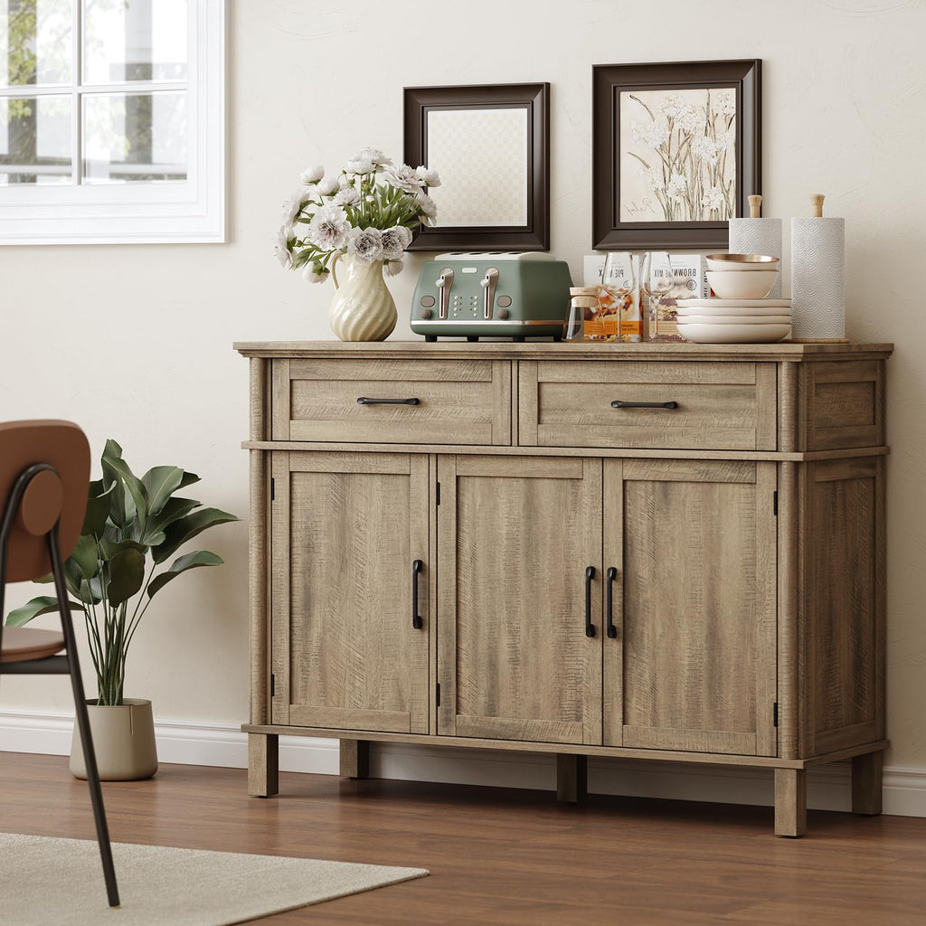 ONBRILL 48 Inches Buffet Cabinet with Storage, Farmhouse Sideboard Buffet w/2 Drawers and 3 Doors, Wood Coffee Bar Cabinet with Adjustable Shelves, Sideboard Storage for Kitchen, Living Room, Black