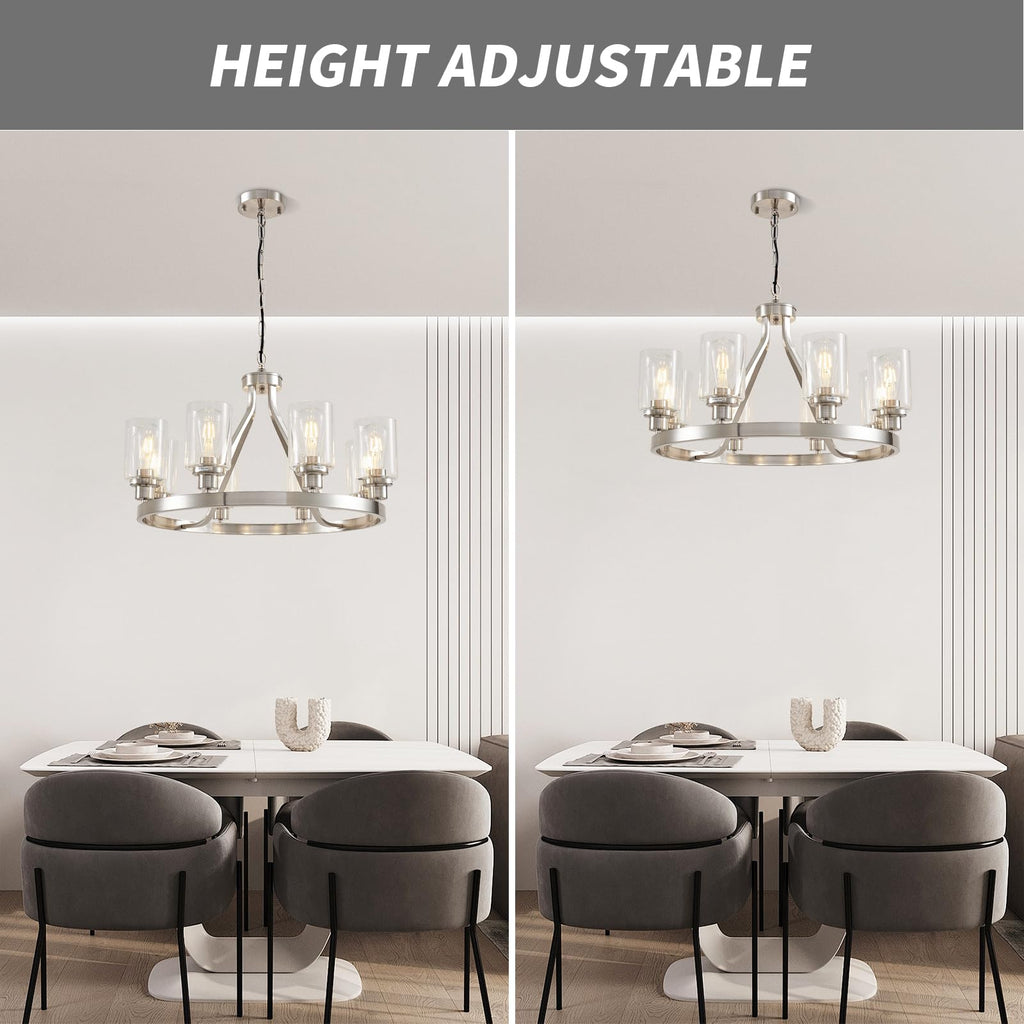 Lanhall 6-Light Modern Dining Room Light Fixture Brushed Nickel Kitchen Chandelier Ceiling Hanging Pendant Lighting with Glass Shade for Living Room Bedroom Entryway Adjustable Height Metal E26