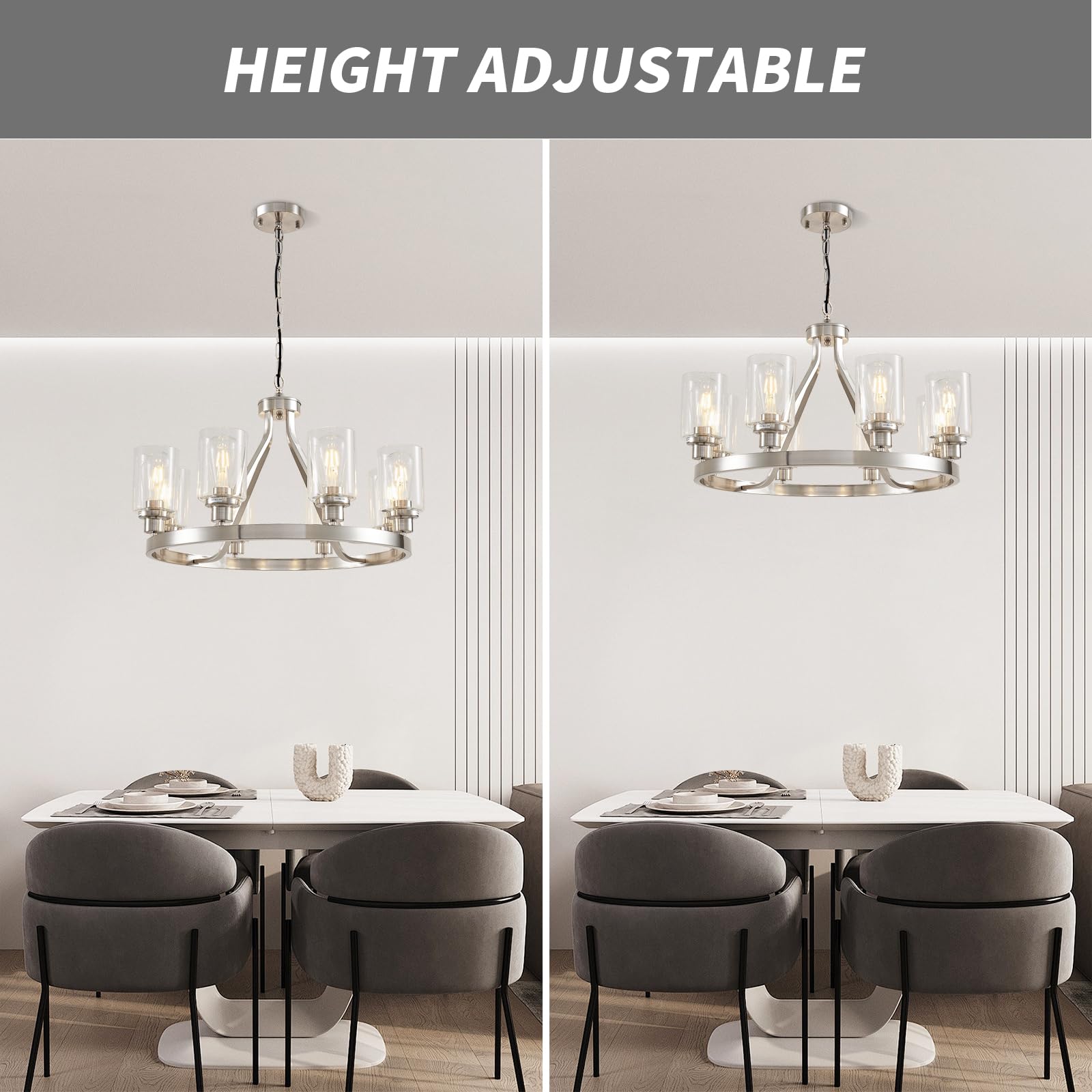 Lanhall 6-Light Modern Dining Room Light Fixture Brushed Nickel Kitchen Chandelier Ceiling Hanging Pendant Lighting with Glass Shade for Living Room Bedroom Entryway Adjustable Height Metal E26