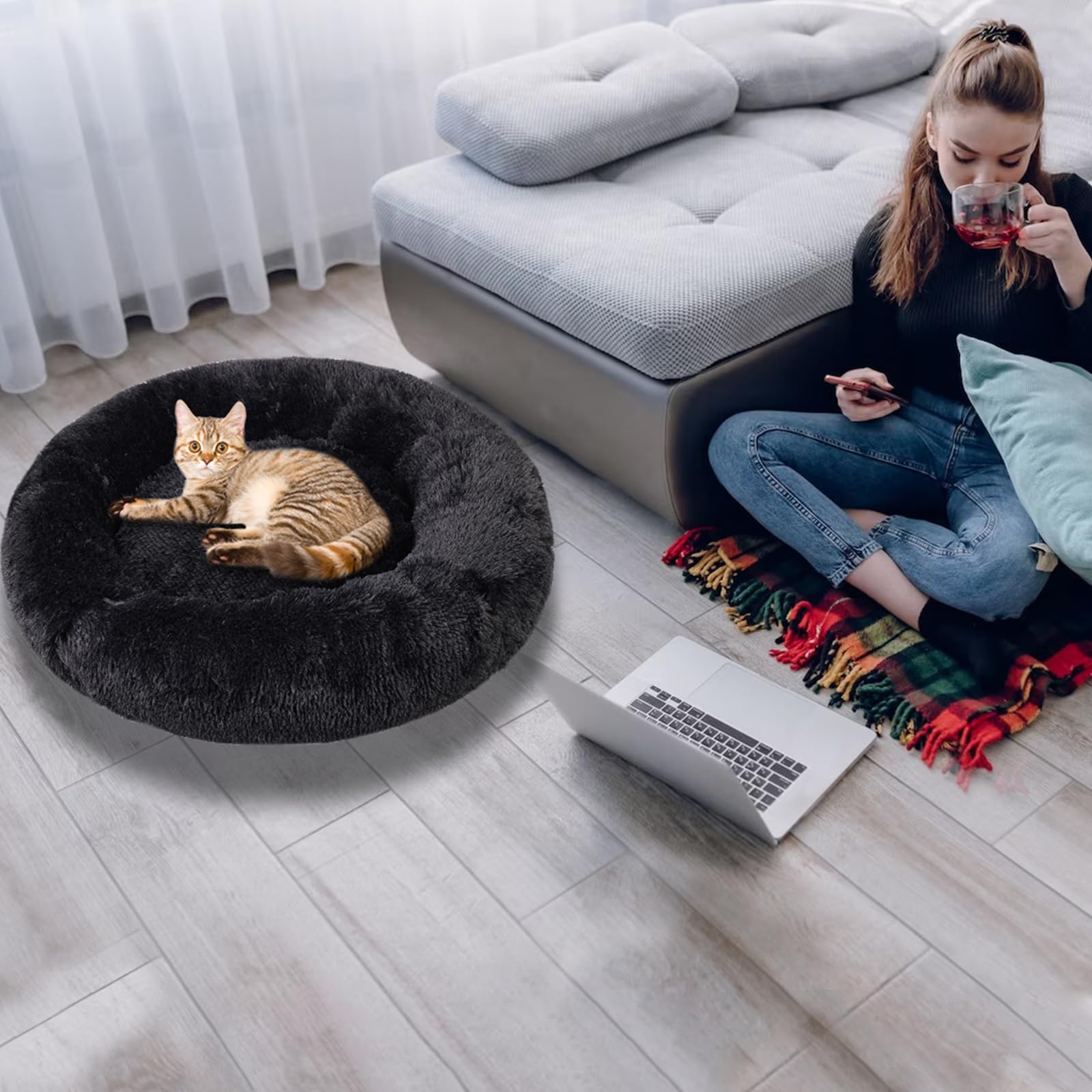 Nisrada Cat Beds for Indoor Cats,15.7 Inch Small Cats Beds, Washable-Round Pet Bed for Puppy and Kitten with Slip-Resistant Bottom