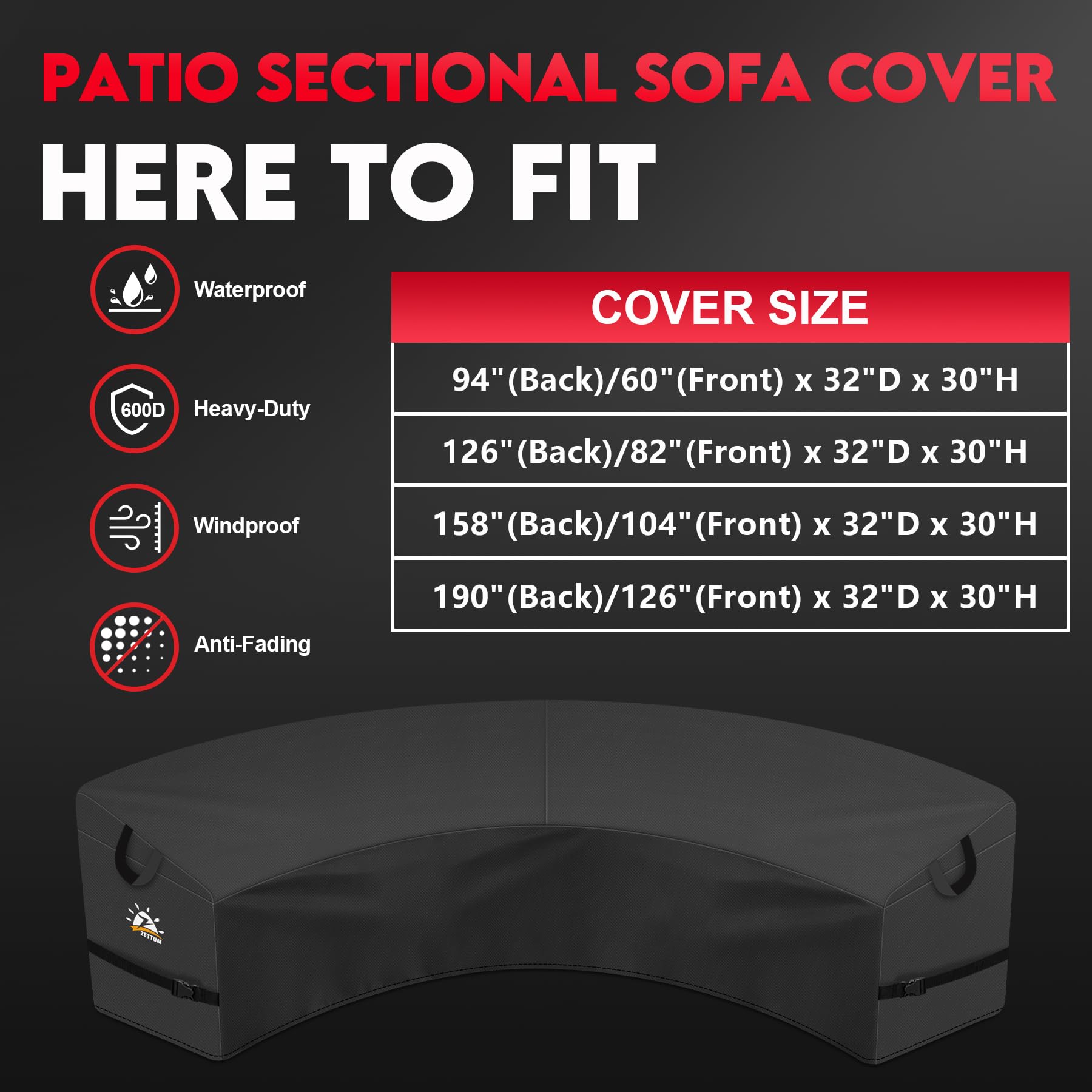 Zettum Outdoor L-Shaped Sectional Cover - 600D Patio Sectional Sofa Cover, Waterproof Patio Furniture Covers for 4-Seater Outdoor Sectional Sofa and Couch, Left Facing, 58x85 Inch Wide
