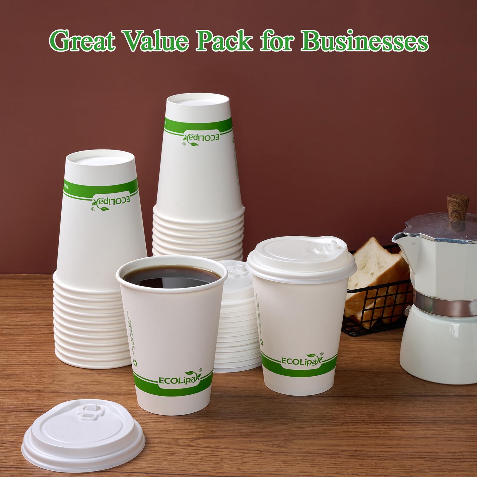 ECOLipak 100 Count 12 oz Compostable Paper Coffee Cups, Biodegradable Disposable Coffee Cups with CPLA Lid, Eco-friendly Hot Drinking Cups for Party, Picnic, Travel, and Events