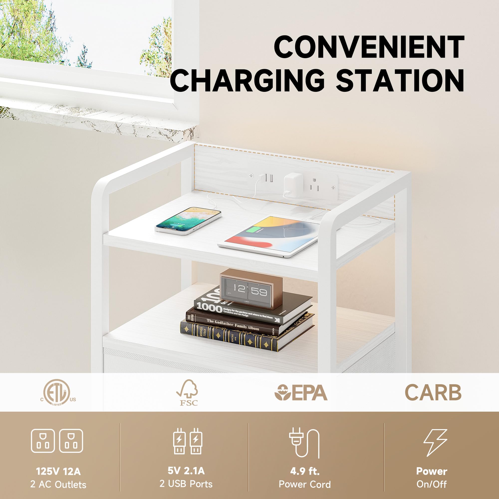 Lazzanto Night Stand Bedside Charger Bedroom - Nightstand with Charging Station & LED Light Strip, Night Stand with Storage Shelf & 2 Fabric Drawers, Morden End Table with U-S-B Ports & AC Outlets
