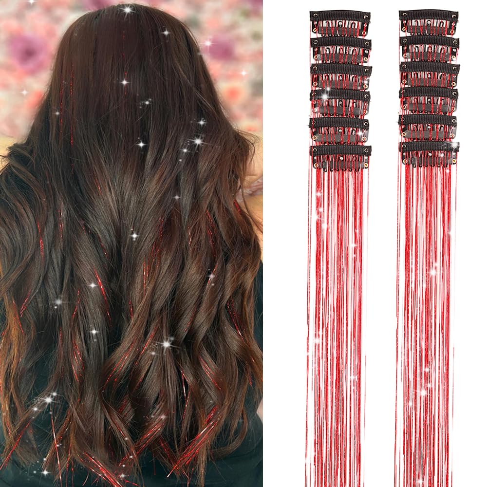 Clip in Hair Tinsel, Pack of 12 Pcs 20 Inch,Glitter Tinsel Hair Extensions, Festival Tinsel Fairy Hair Extension Party Dazzle Hair Accessories Strands Kit for Women Girls(12Pcs,Black#)