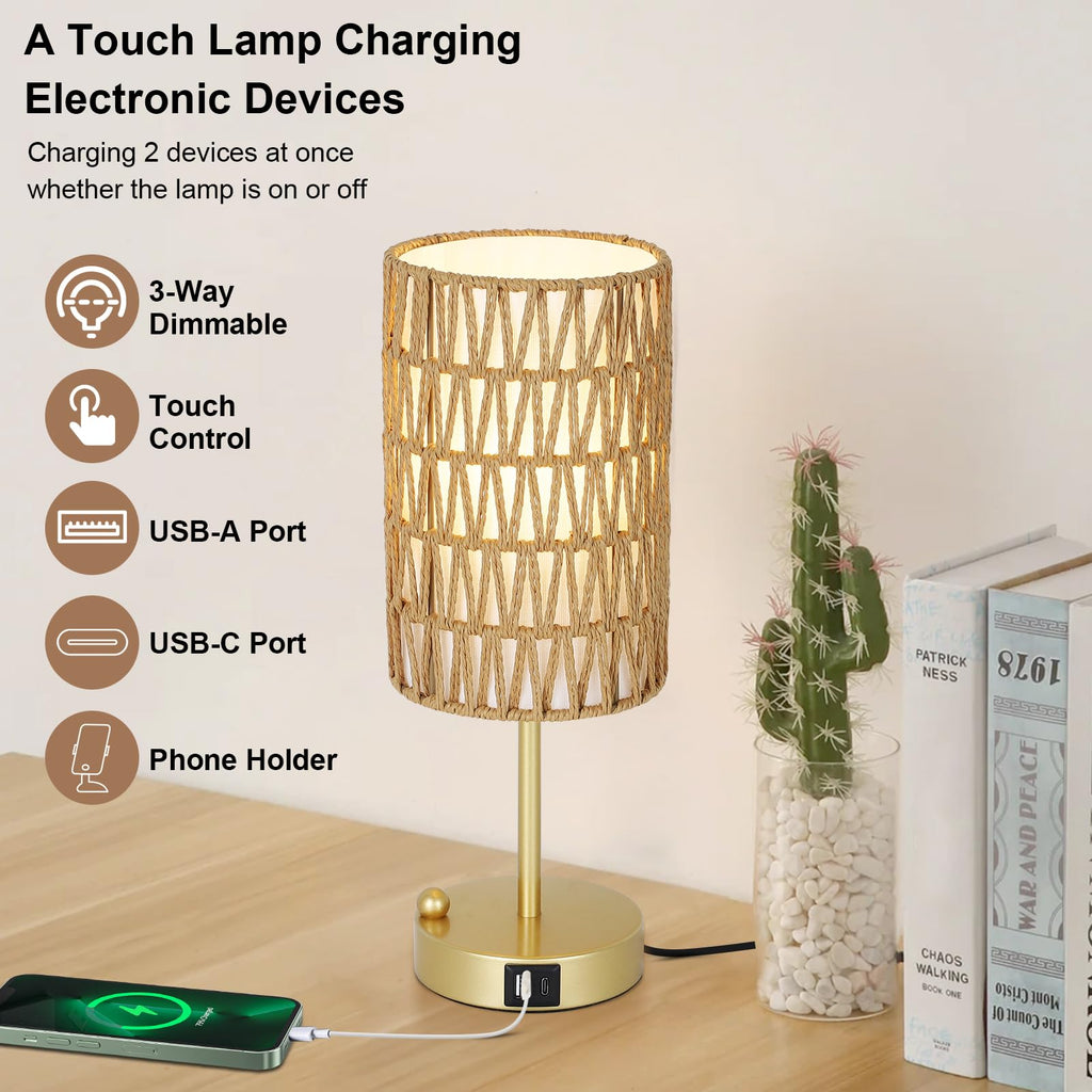 Rattan Bedside Table Lamps Set of 2 - Boho Lamps With 3 Color Temperatures & USB AC Port, Pull Chain Table Lamp For Bedroom, Cute Small Lamp For Nightstand Office Desk Bed Side End Table Living Room