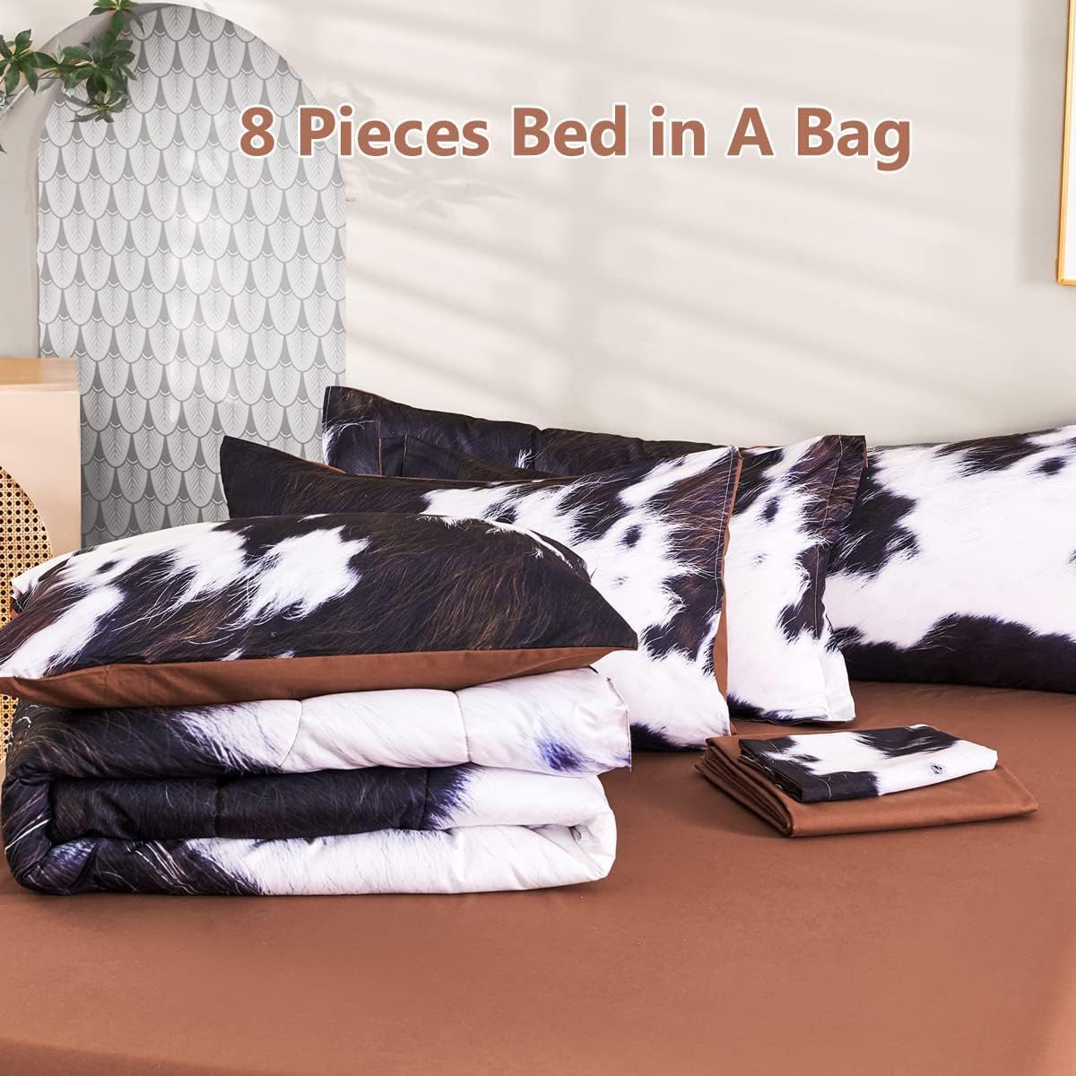 SUCSES Full Size Comforter Set with Sheets 8 Piece Cow Print Bedding Set for Boys Girls Black and White Kids Bed-in-A-Bag Farmhouse Rustic Bed Set for Bedroom (Milk Cow, Full)