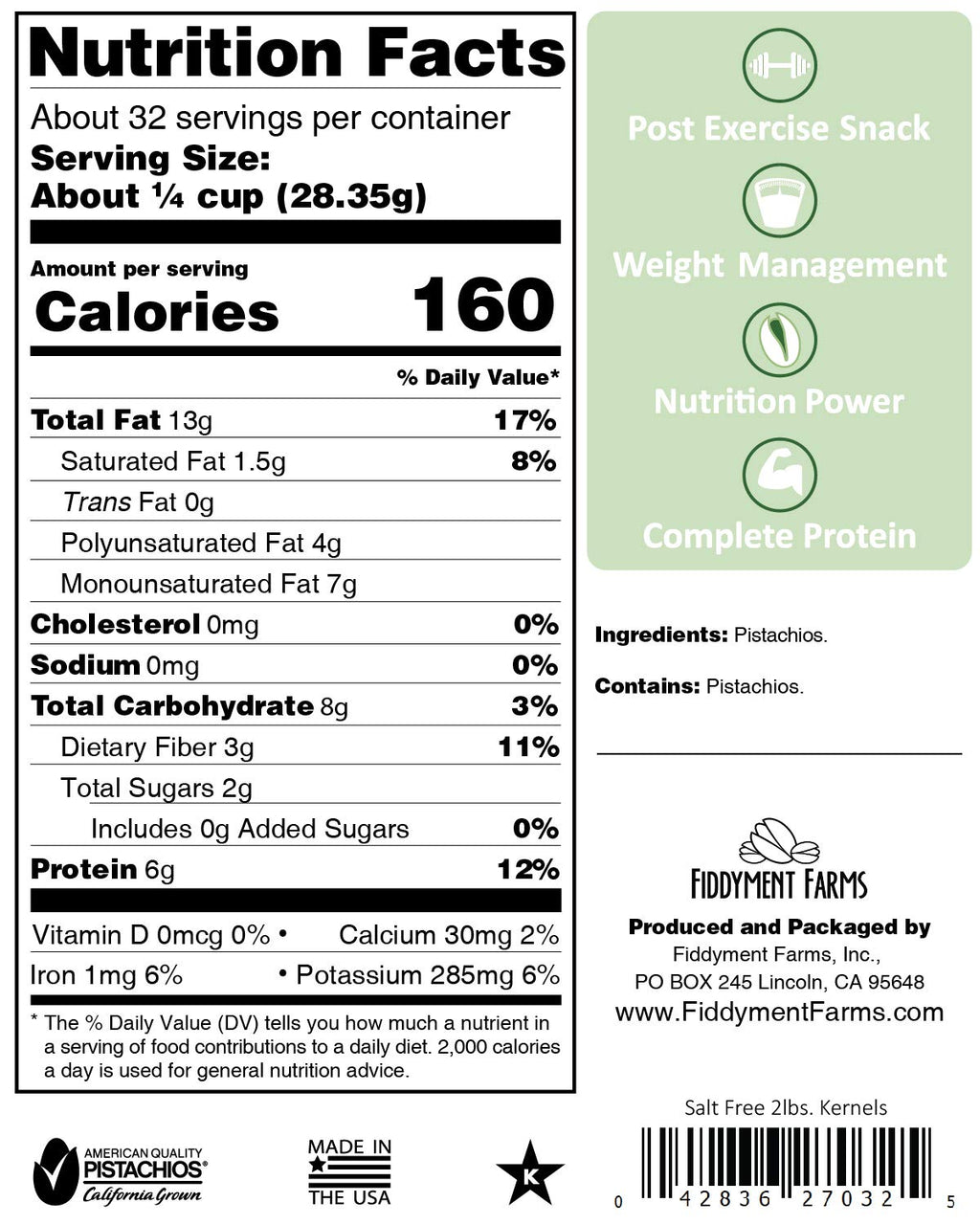 Fiddyment Farms 1 Lb Unsalted Pistachio Kernels