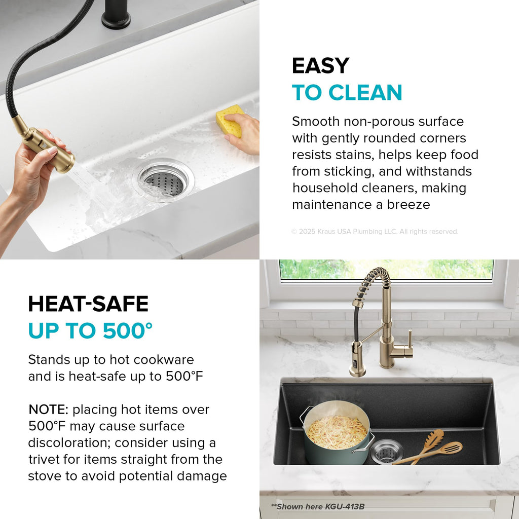 KRAUS Quarza 31-inch Undermount Single Bowl Granite Kitchen Sink in Black Onyx, KGU-413B