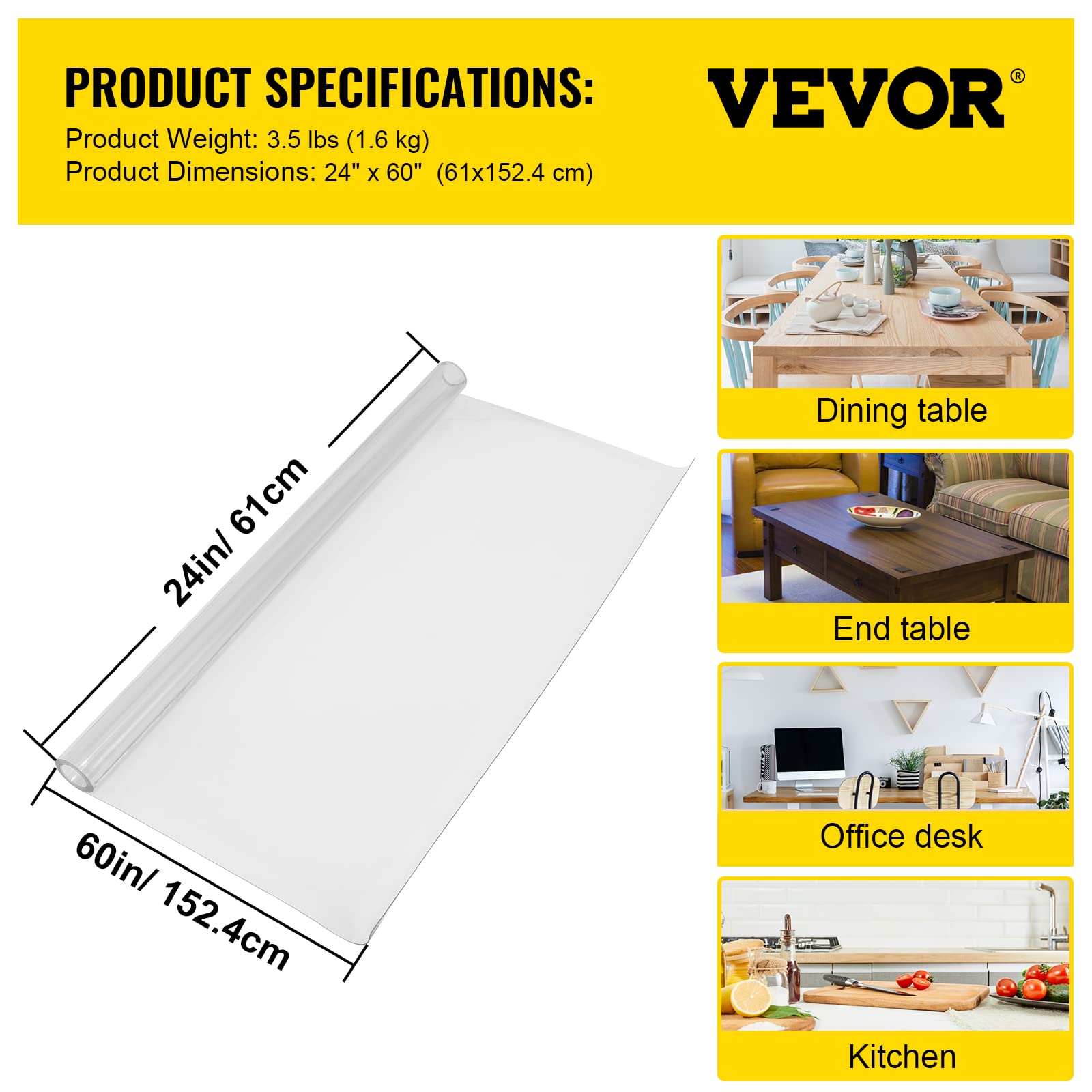VEVOR Clear PVC Square Tablecloth, 12" x 12", 1.5mm Thick, Waterproof, Stain Resistant, Durable, Desk, Coffee Table, Dining Room Table