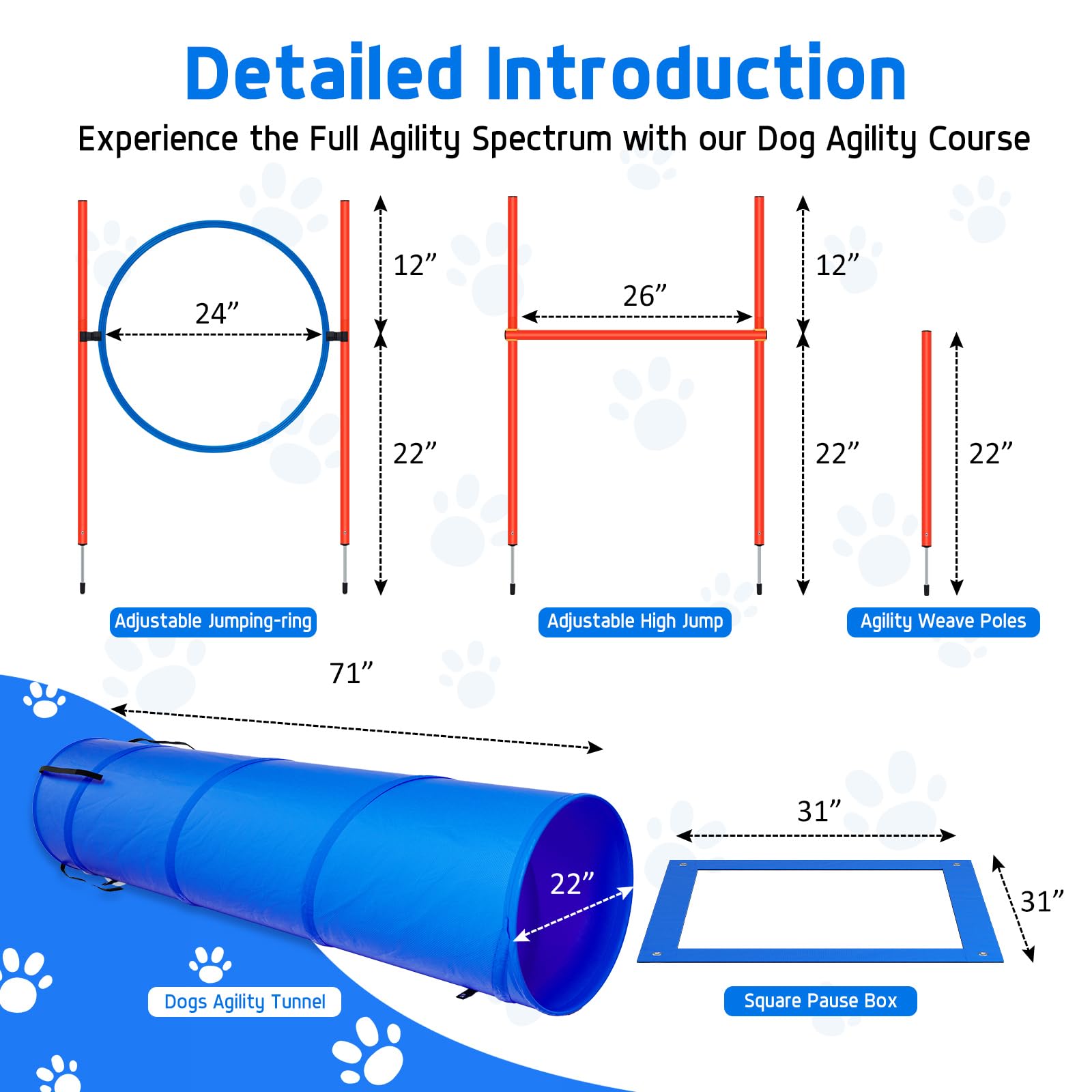 Polar Aurora Dog Agility Equipment, Dog Obstacle Courses Backyard - Pet Outdoor Games w/Adjustable High Jump, Agility Weave Poles, Tunnel, Jumping Ring, Pause Box, 2 Balls,Whistle and Carrying Bag