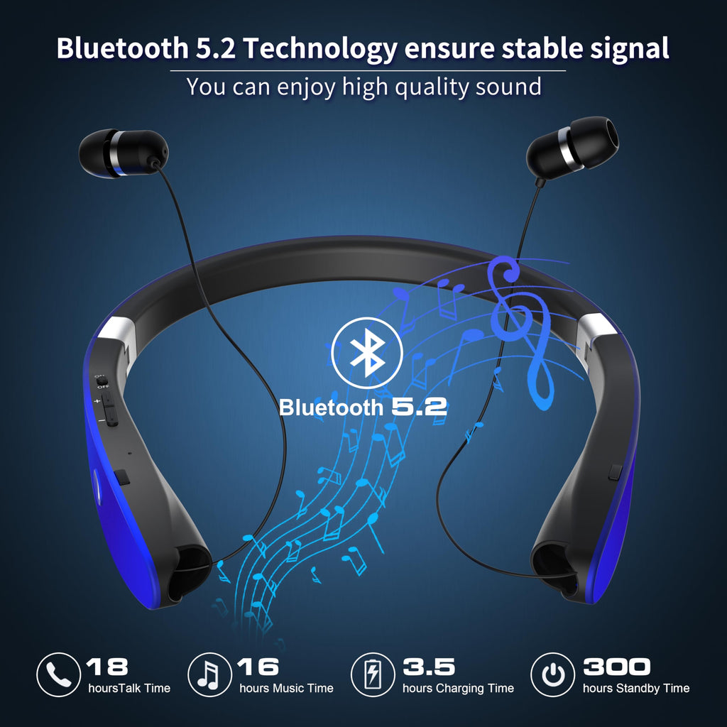 AMORNO Foldable Bluetooth Headphones Wireless Neckband Headset with Retractable Earbuds, Sports Sweatproof Noise Cancelling Stereo Earphones with Mic