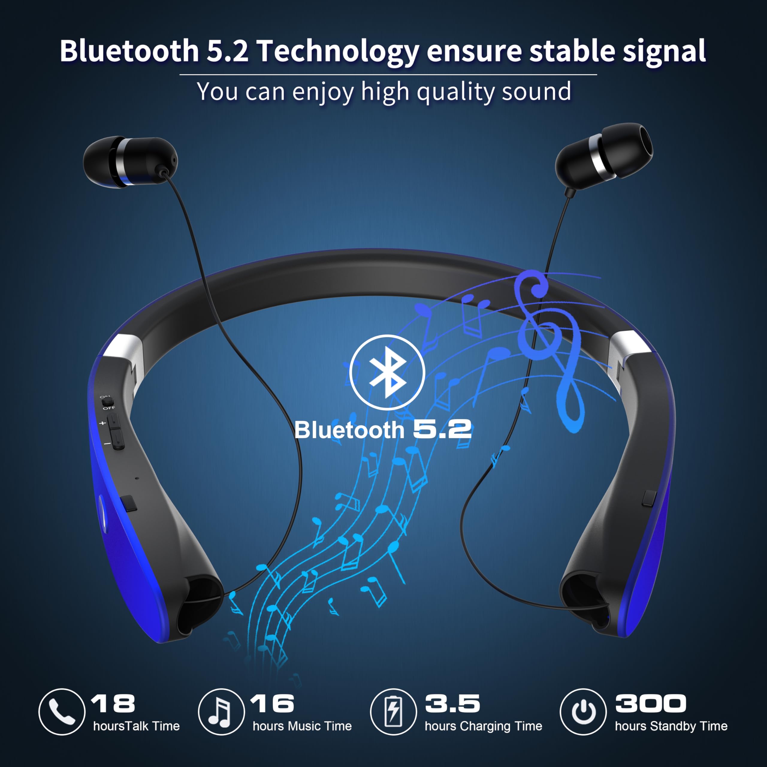 AMORNO Foldable Bluetooth Headphones Wireless Neckband Headset with Retractable Earbuds, Sports Sweatproof Noise Cancelling Stereo Earphones with Mic