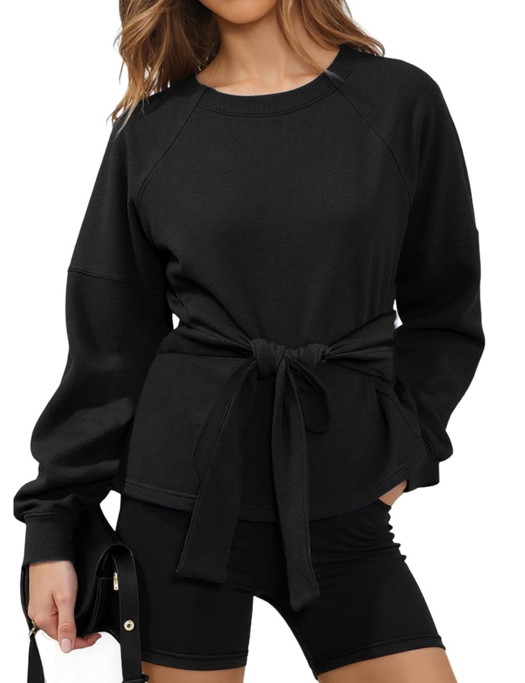 Zhiyouni Women's Long Sleeves Shirt Tops Casual 2026 Fall Fashion Crewneck Tie Knot Sweatshirt Pullover