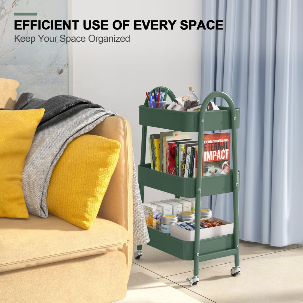 EAGMAK 3 Tier Rolling Cart, Large Metal Storage Cart with Handle and Lockable Wheels, Big Multifunctional Storage Organizer Trolley with Mesh Baskets for Kitchen, Living Room, Office, Garage (Beige)