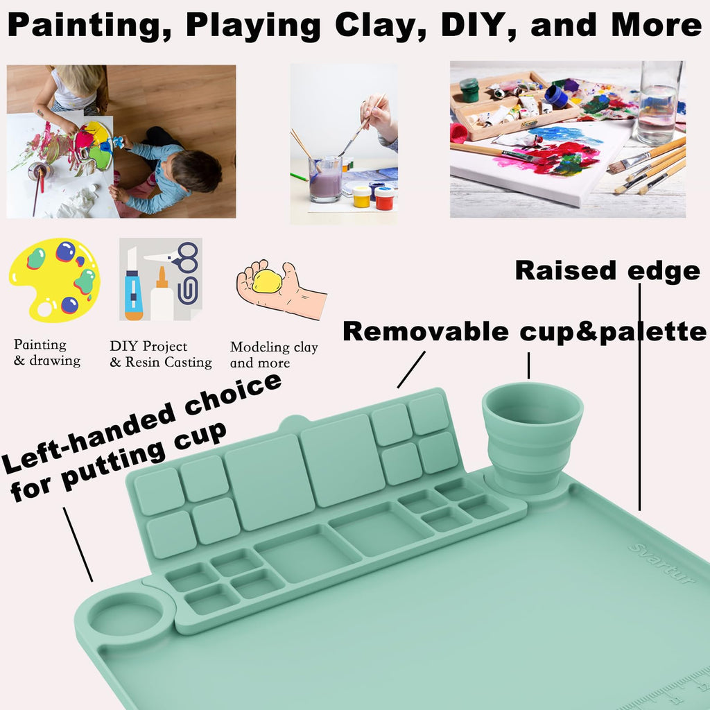 Svartur Silicone Art Mat - 17" X 13" With Cup and Palette, Raised Edge for Craft, Artist Creator Mat for Resin DIY, Coral Pink
