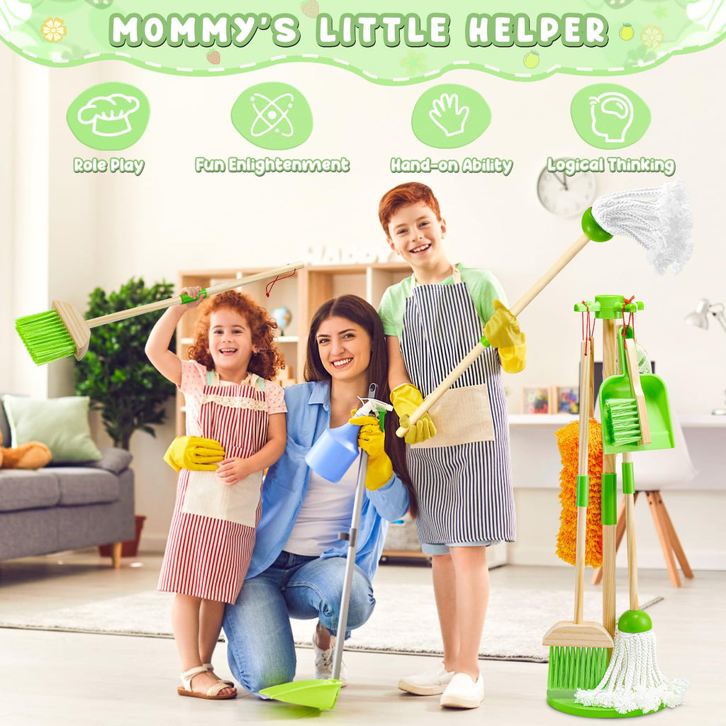 WHOHOLL Wooden Kids Cleaning Toy Set Toddler Broom and Dustpan Set for Housekeeping 9 Pcs Broom and Mop Set for Toddlers 3-6, Cleaning Toys with Sponge, Christmas Birthday Gifts for Boys Girls