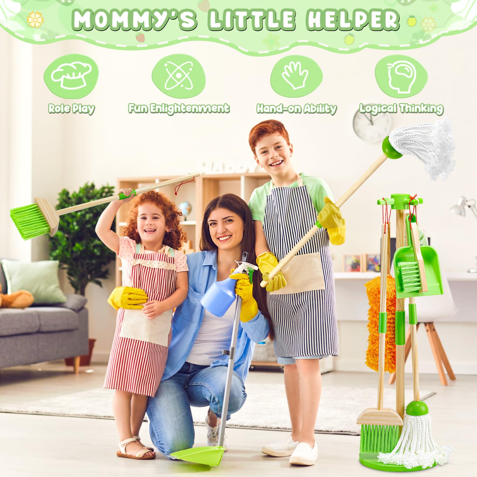 WHOHOLL Wooden Kids Cleaning Toy Set Toddler Broom and Dustpan Set for Housekeeping 9 Pcs Broom and Mop Set for Toddlers 3-6, Cleaning Toys with Sponge, Christmas Birthday Gifts for Boys Girls