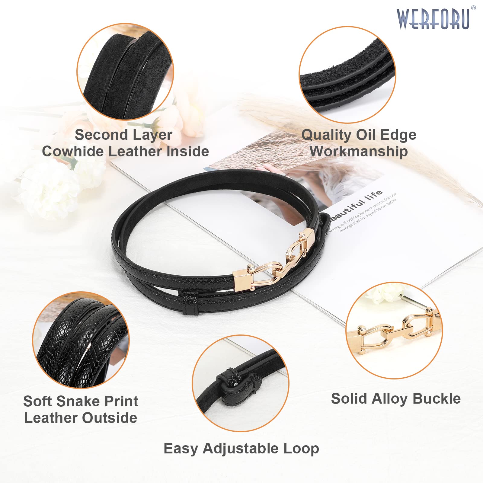 WERFORU Women Classic Leather Belt With Square Gold Silver Buckle For Jeans Pants