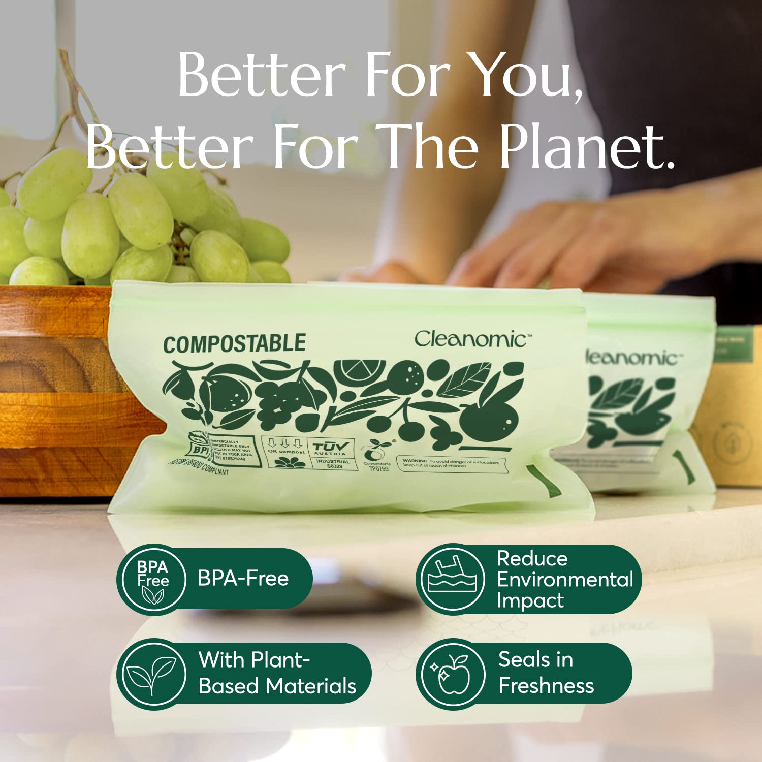Cleanomic Compostable* Snack Size Food Storage Bags (50 Eco Zip) Freezer and Leak Proof, Also Available Gallon, Quart and Sandwich Size Bags