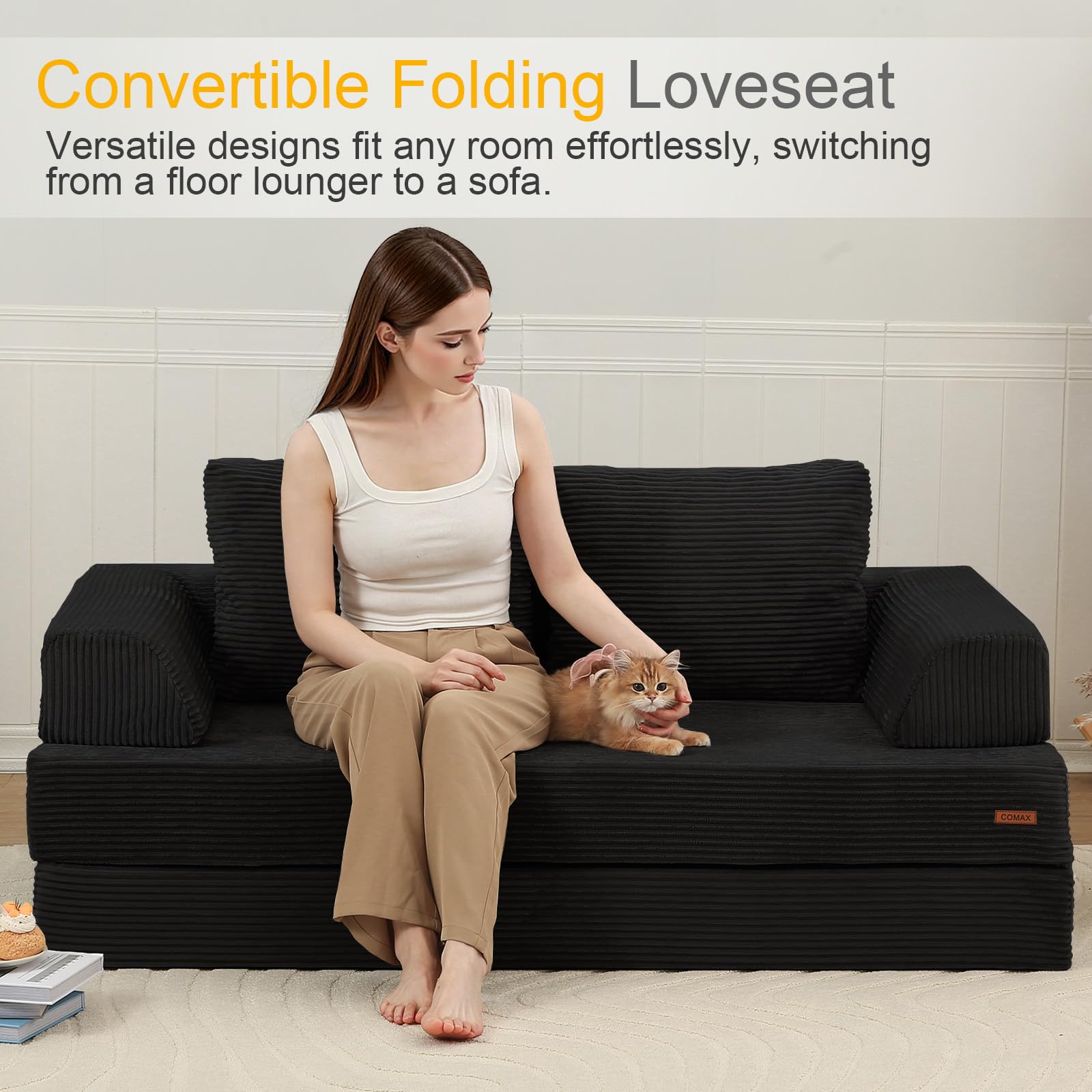 COMAX Futon Sofa Bed, 4‑in‑1 Convertible Sofa Bed, Folding Boneless Couches | Boneless Couch for living room, Fold Out Small Foldable Loveseat Floor Sleeper Mattress Lounge Space‑Saving, Ash Gray