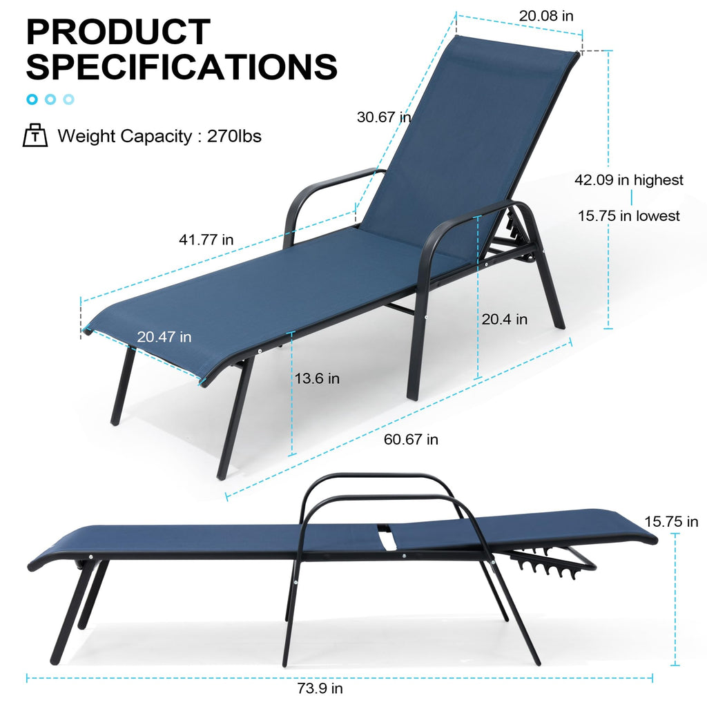 Crestlive Products Chaise Lounge Chair Outdoor with Armrests, Pool Lounge Chairs Set of 2, Aluminum Adjustable 5 Positions Sun Tanning Lounger for Patio, Poolside, Yard, Deck, Backyard (Beige)