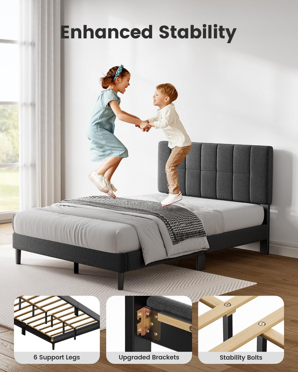 Pipishell Queen Bed Frame with 2 Storage Drawers, 12 Sturdy Legs, Solid Wooden Bed Base with Upholstered Headboard for 6″ to 12″ Mattresses, 1300 lbs High Weight Capacity, Easy Assembly, Dark Gray